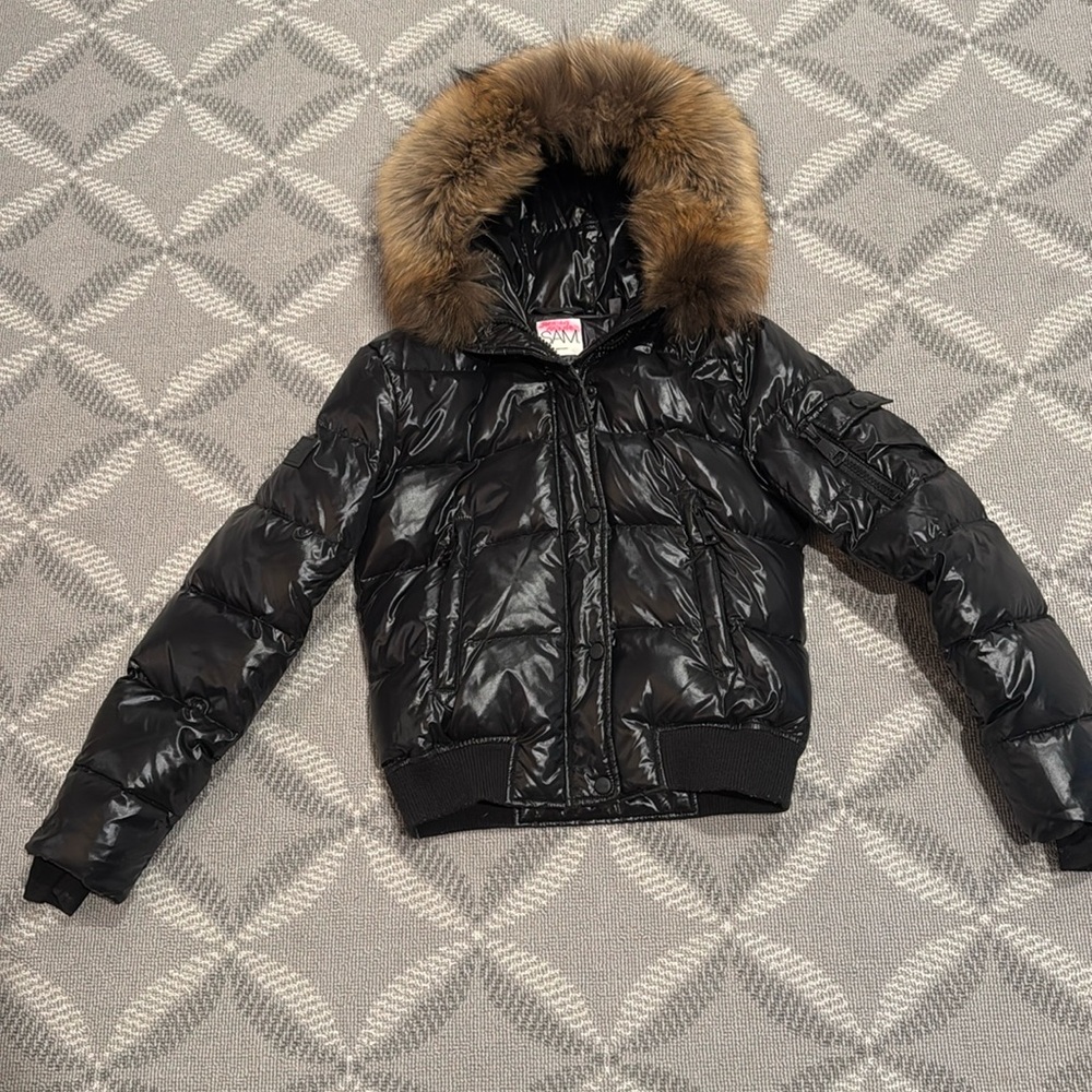 SAM NewYork black puffer jacket with brown faux fur on hood. Girls size 16.